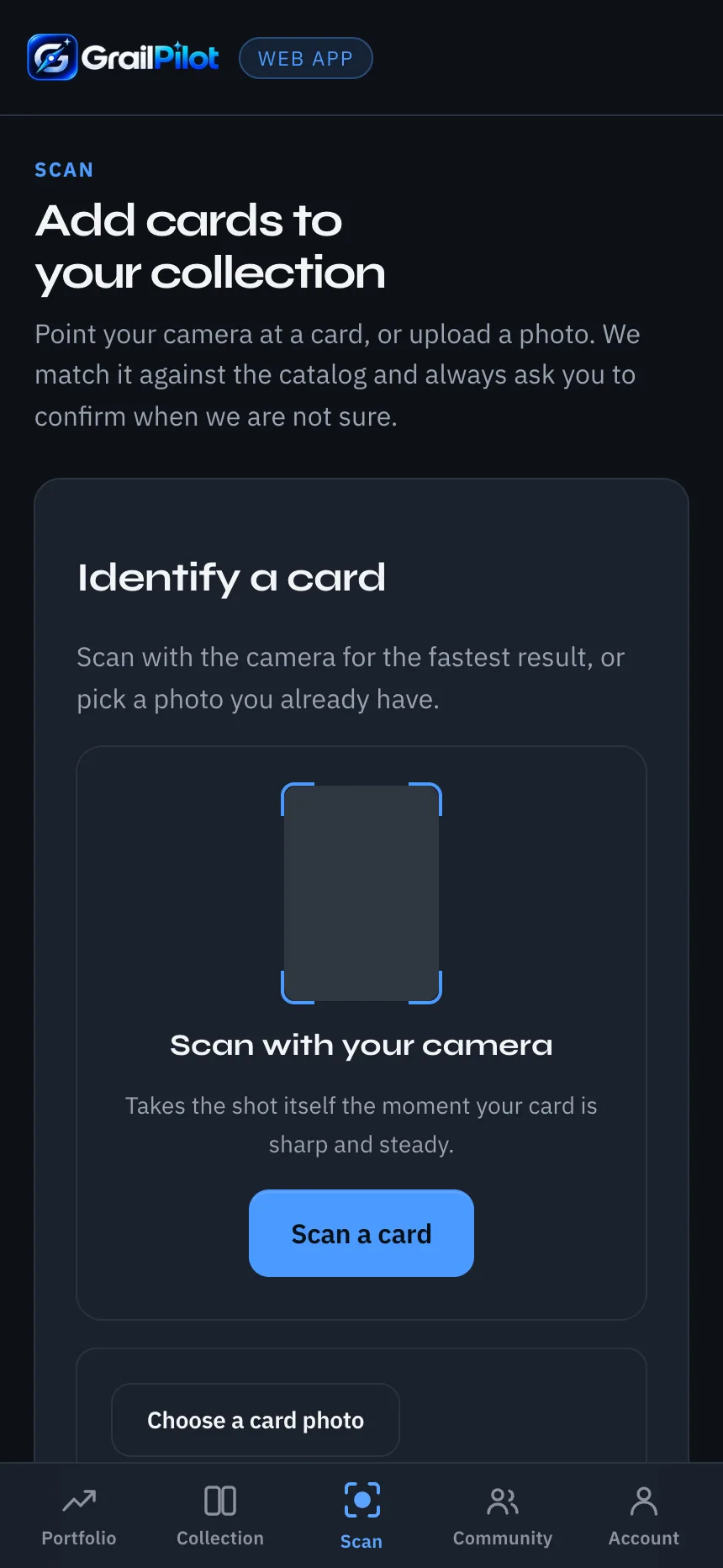 The GrailPilot scan screen, offering camera capture or a photo upload to identify a card